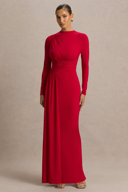 Red Boat-Neck Maxi Dress