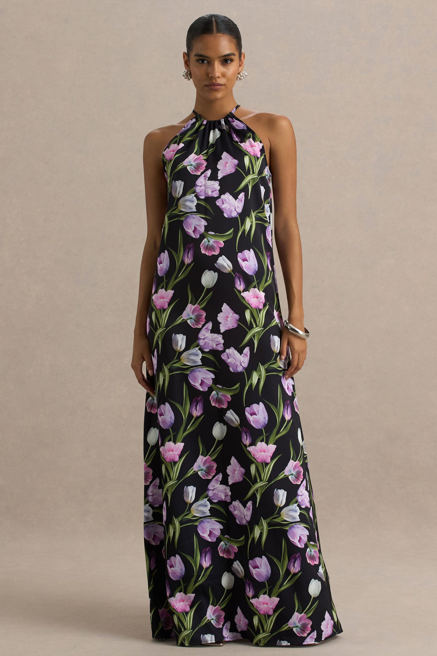 Black Floral Satin Asymmetric Halter Maxi Dress