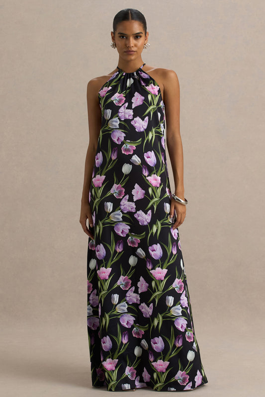 Black Floral Satin Asymmetric Halter Maxi Dress