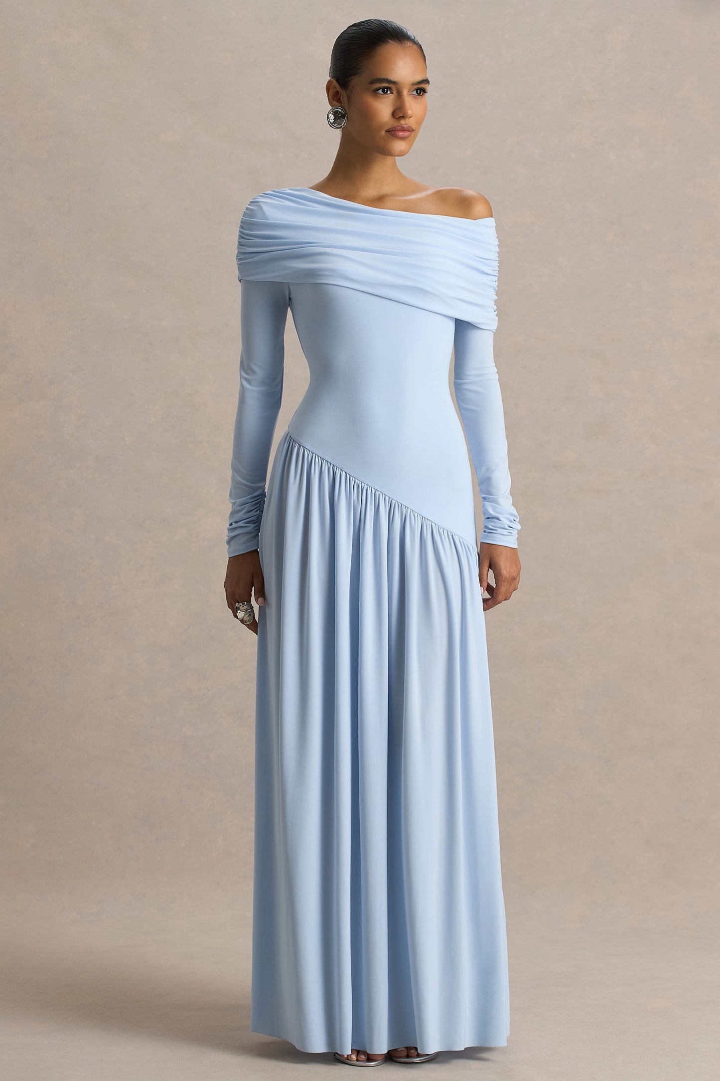 Elara Powder Blue High-Neck Maxi Dress