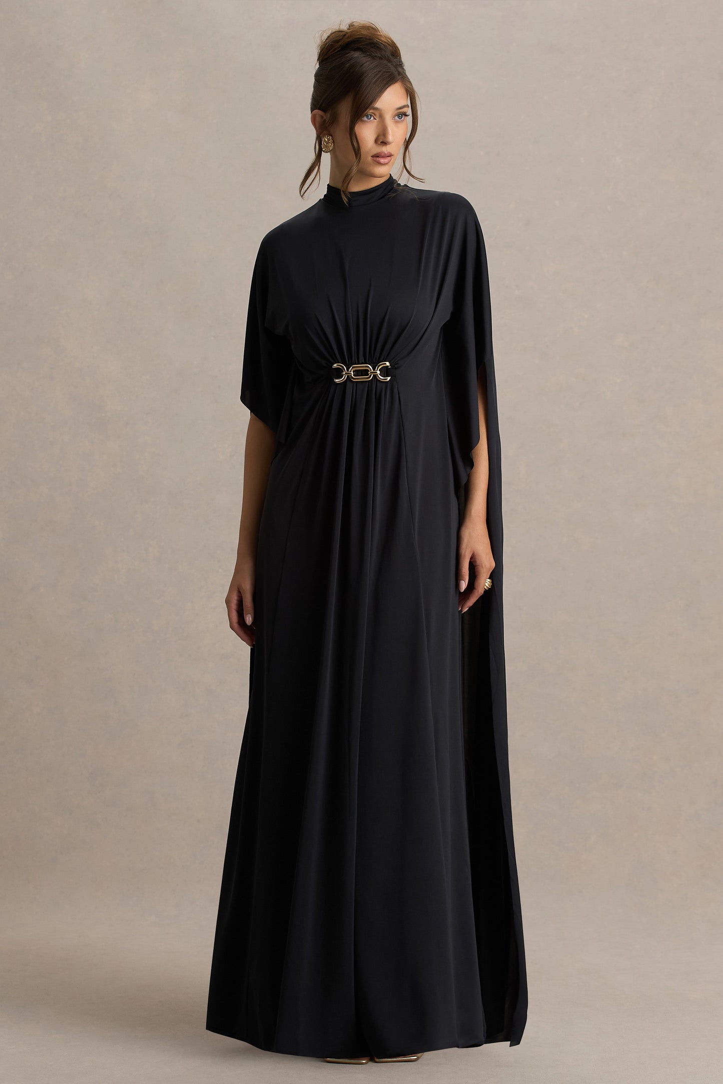 Black Belted Cape-Sleeve Maxi Dress