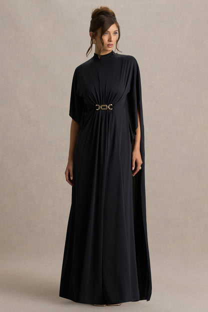 Black Belted Cape-Sleeve Maxi Dress