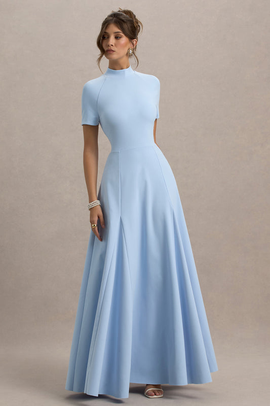 Powder Blue High-Neck Short-Sleeve Maxi Dress