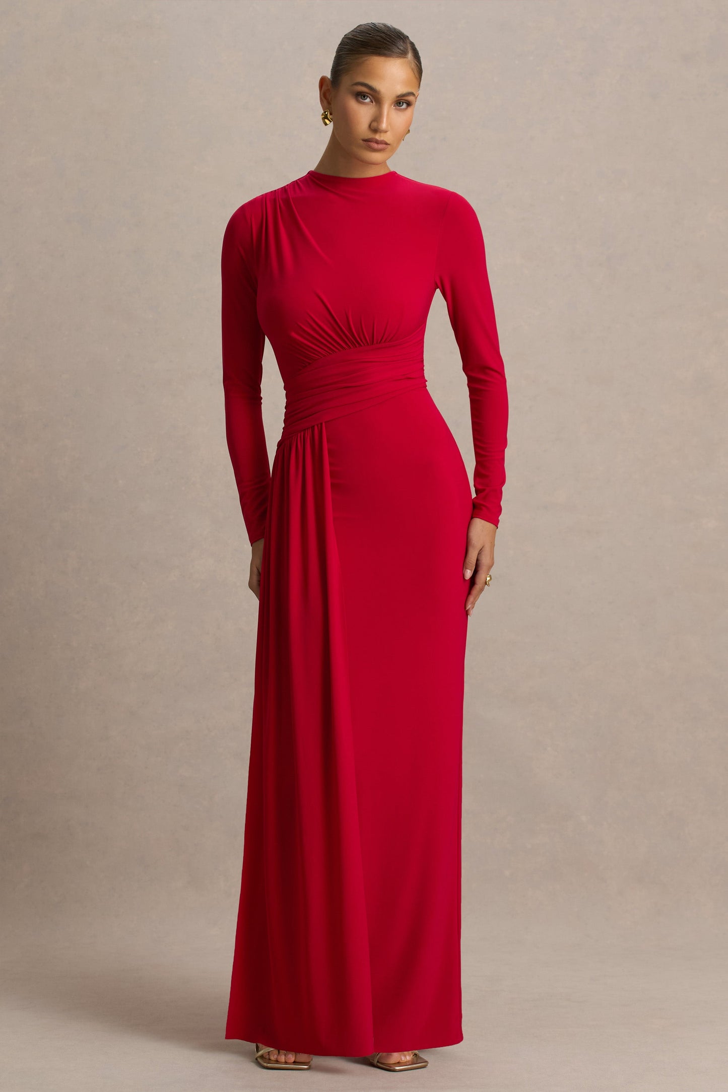 Red Boat-Neck Maxi Dress