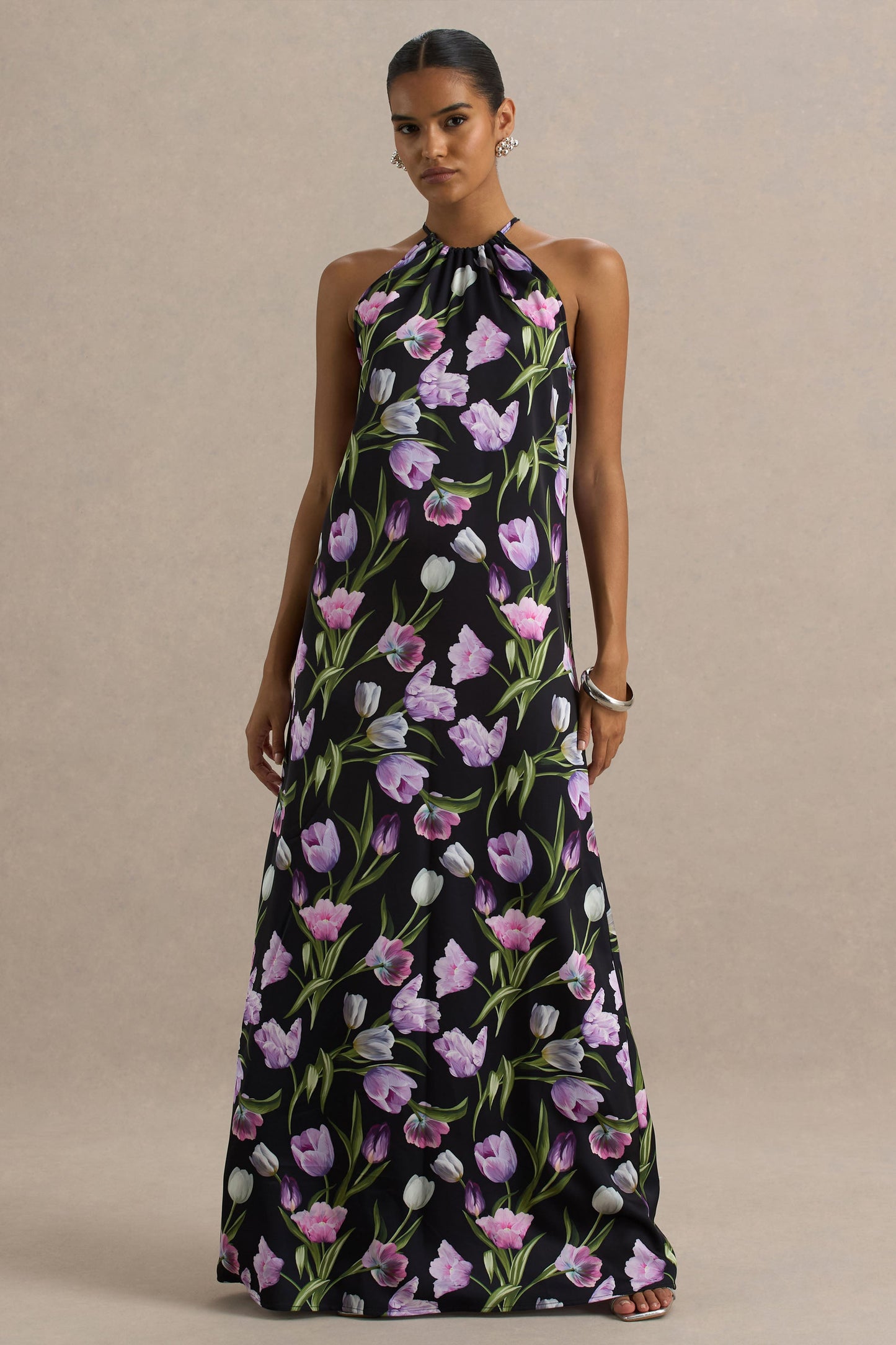 Black Floral Satin Asymmetric Halter Maxi Dress