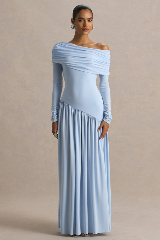 Elara Powder Blue High-Neck Maxi Dress