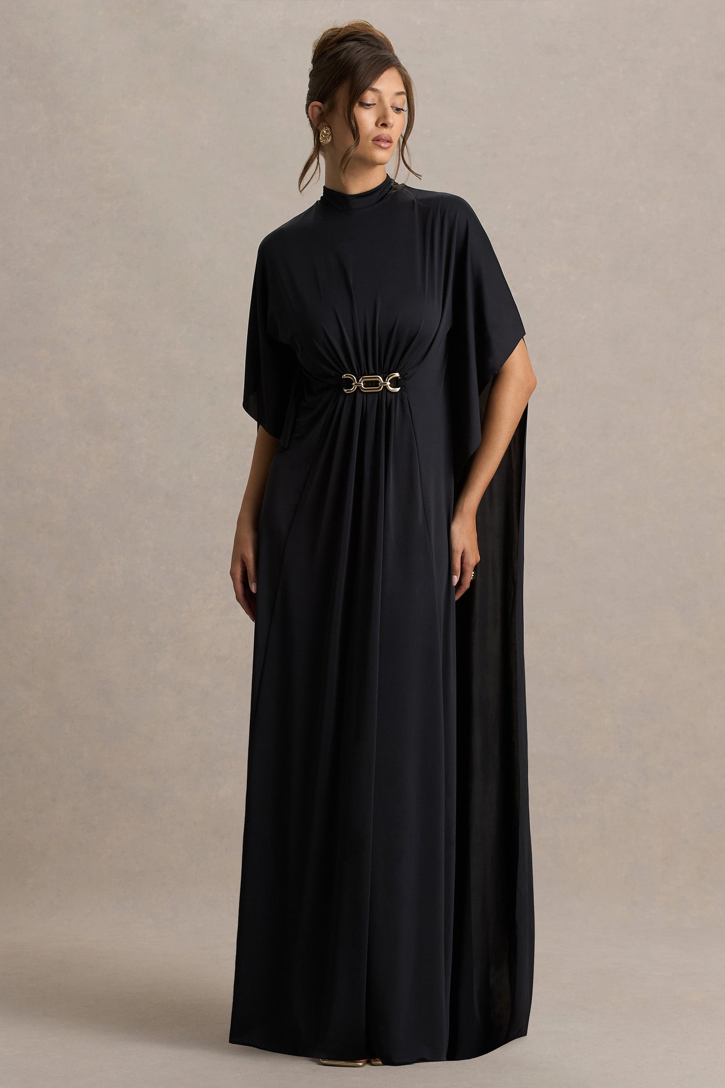 Black Belted Cape-Sleeve Maxi Dress