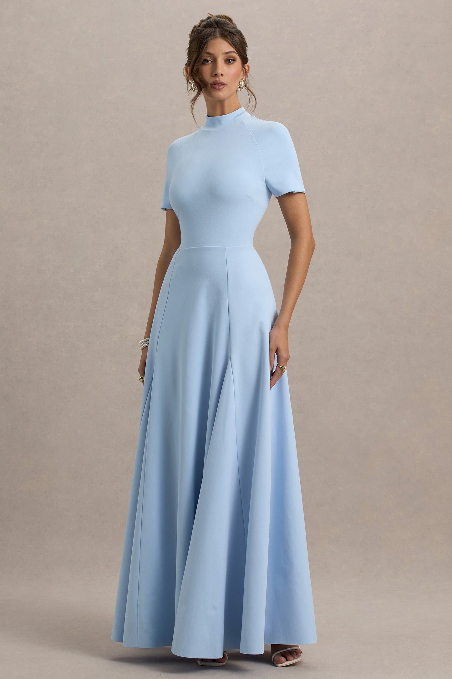 Powder Blue High-Neck Short-Sleeve Maxi Dress
