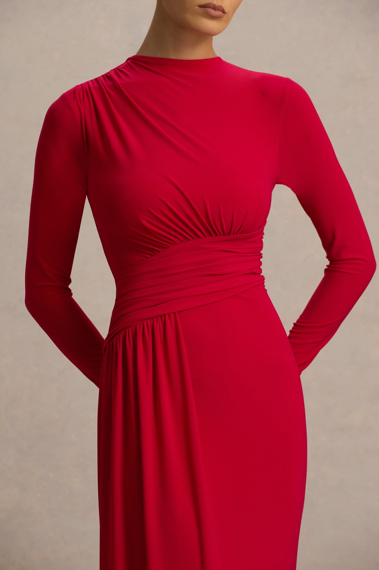 Red Boat-Neck Maxi Dress