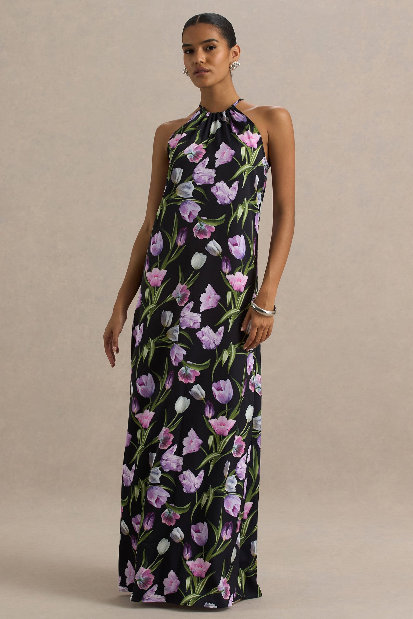 Black Floral Satin Asymmetric Halter Maxi Dress
