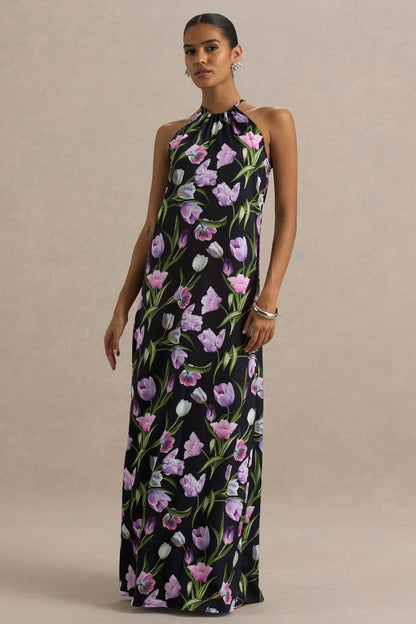 Black Floral Satin Asymmetric Halter Maxi Dress