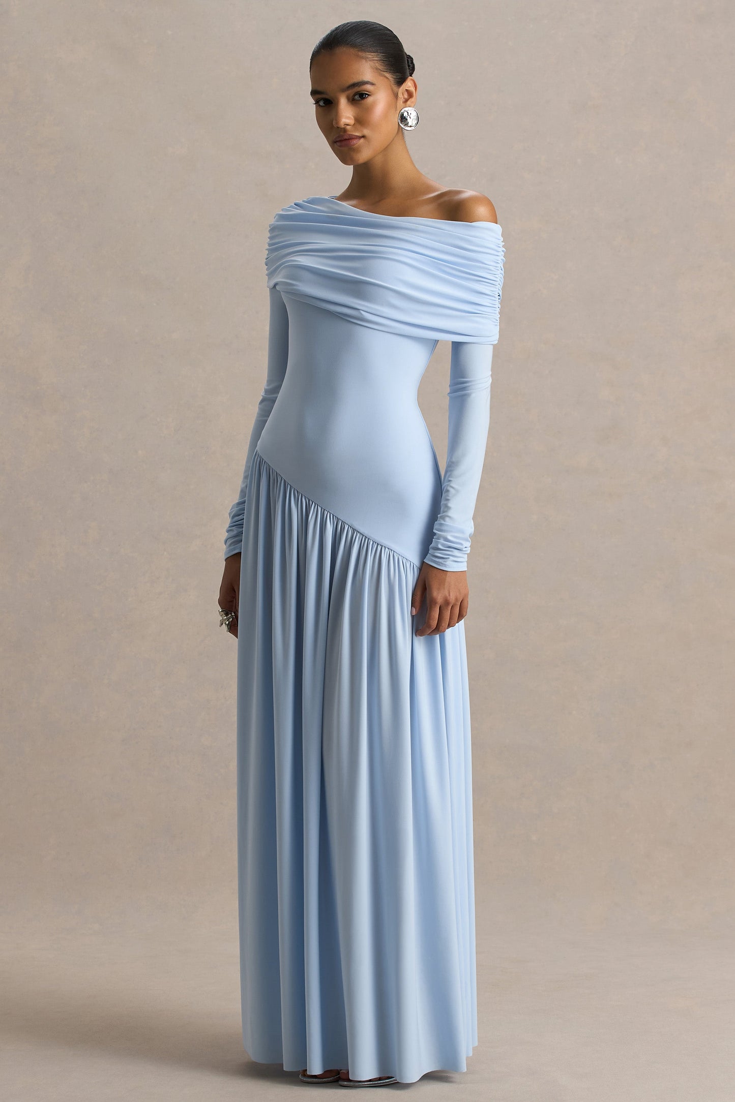 Elara Powder Blue High-Neck Maxi Dress