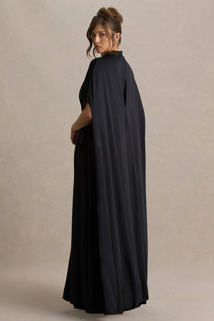 Black Belted Cape-Sleeve Maxi Dress