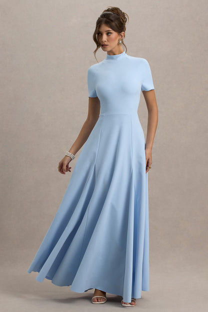 Powder Blue High-Neck Short-Sleeve Maxi Dress