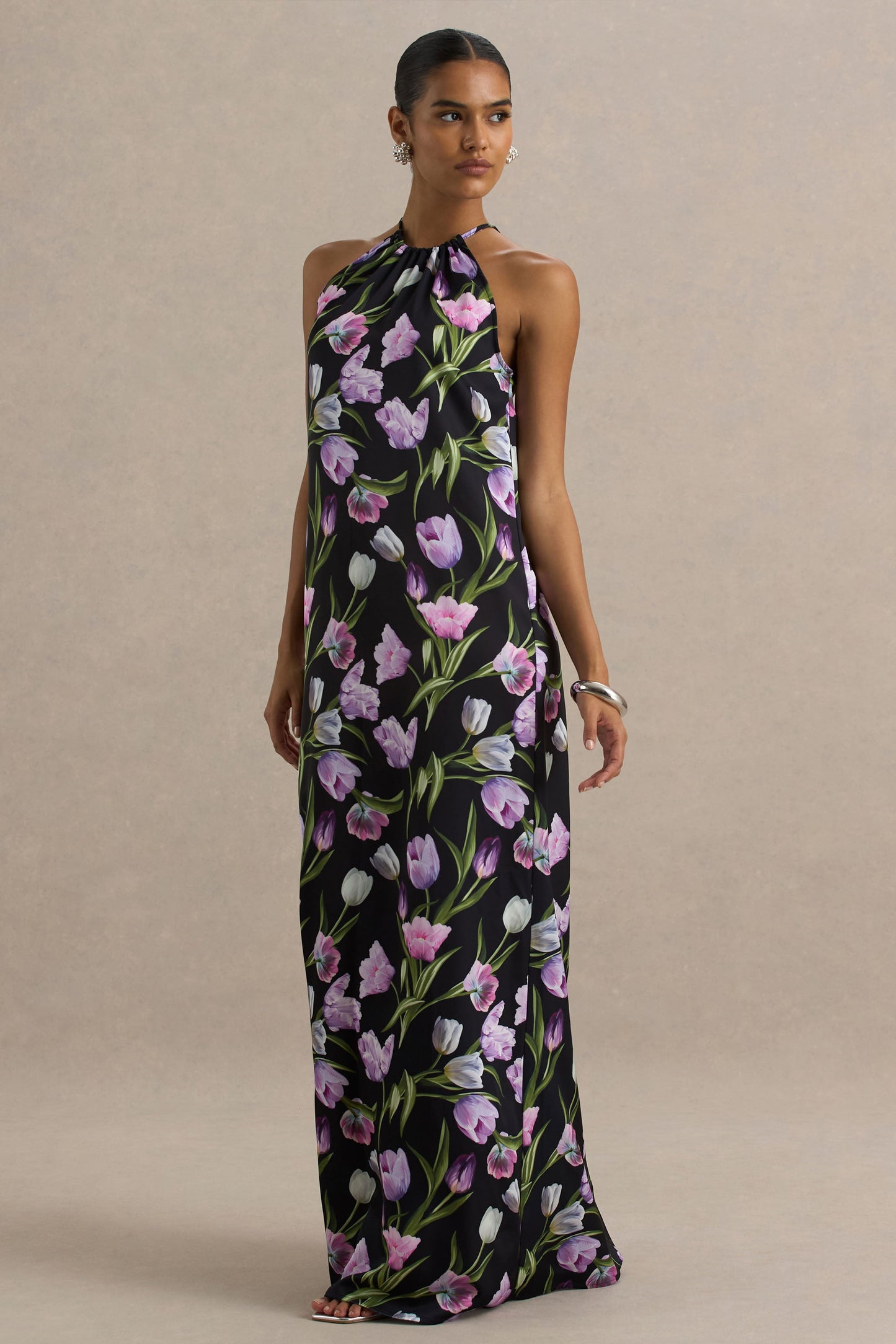 Black Floral Satin Asymmetric Halter Maxi Dress