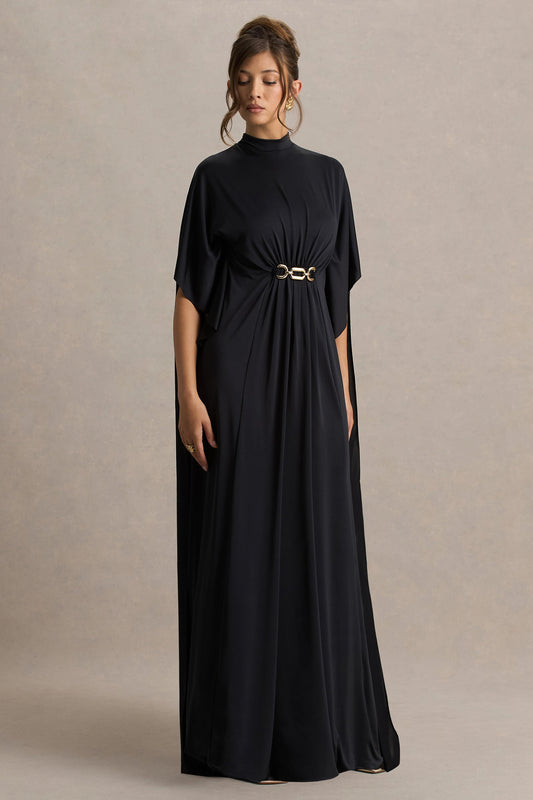 Black Belted Cape-Sleeve Maxi Dress