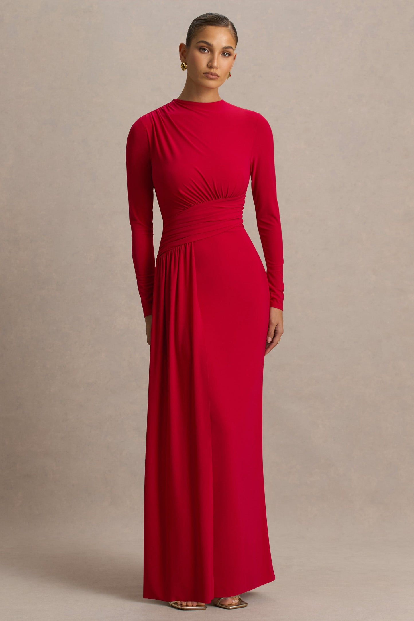 Red Boat-Neck Maxi Dress