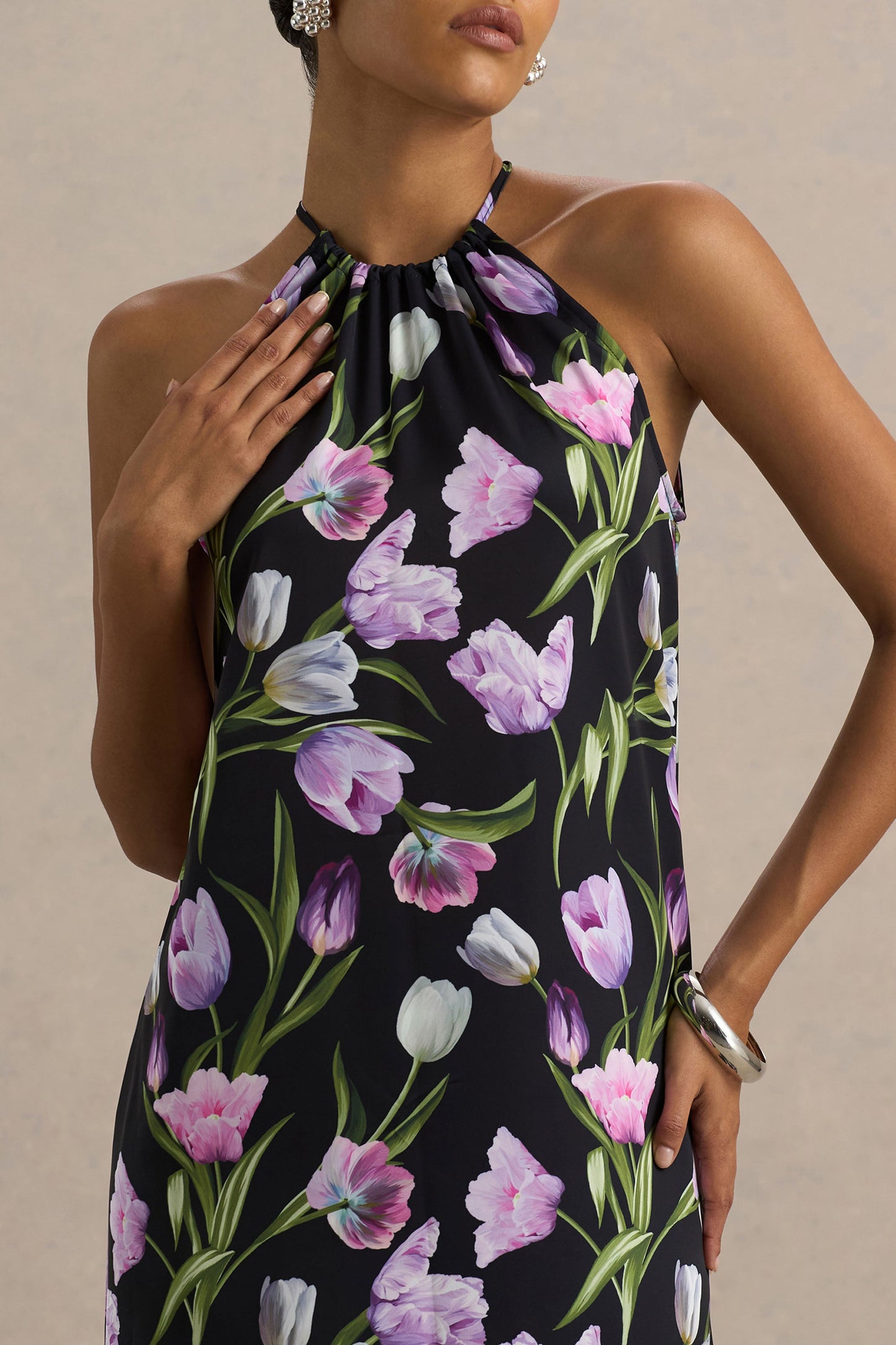 Black Floral Satin Asymmetric Halter Maxi Dress