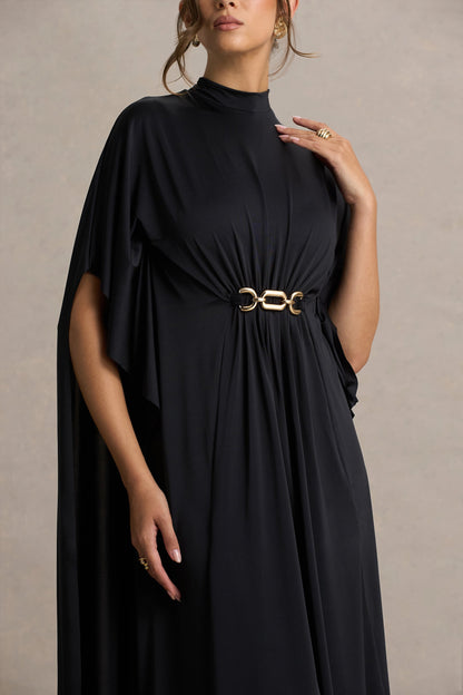 Black Belted Cape-Sleeve Maxi Dress