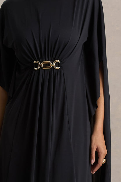 Black Belted Cape-Sleeve Maxi Dress