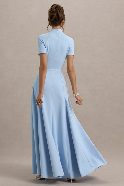 Powder Blue High-Neck Short-Sleeve Maxi Dress