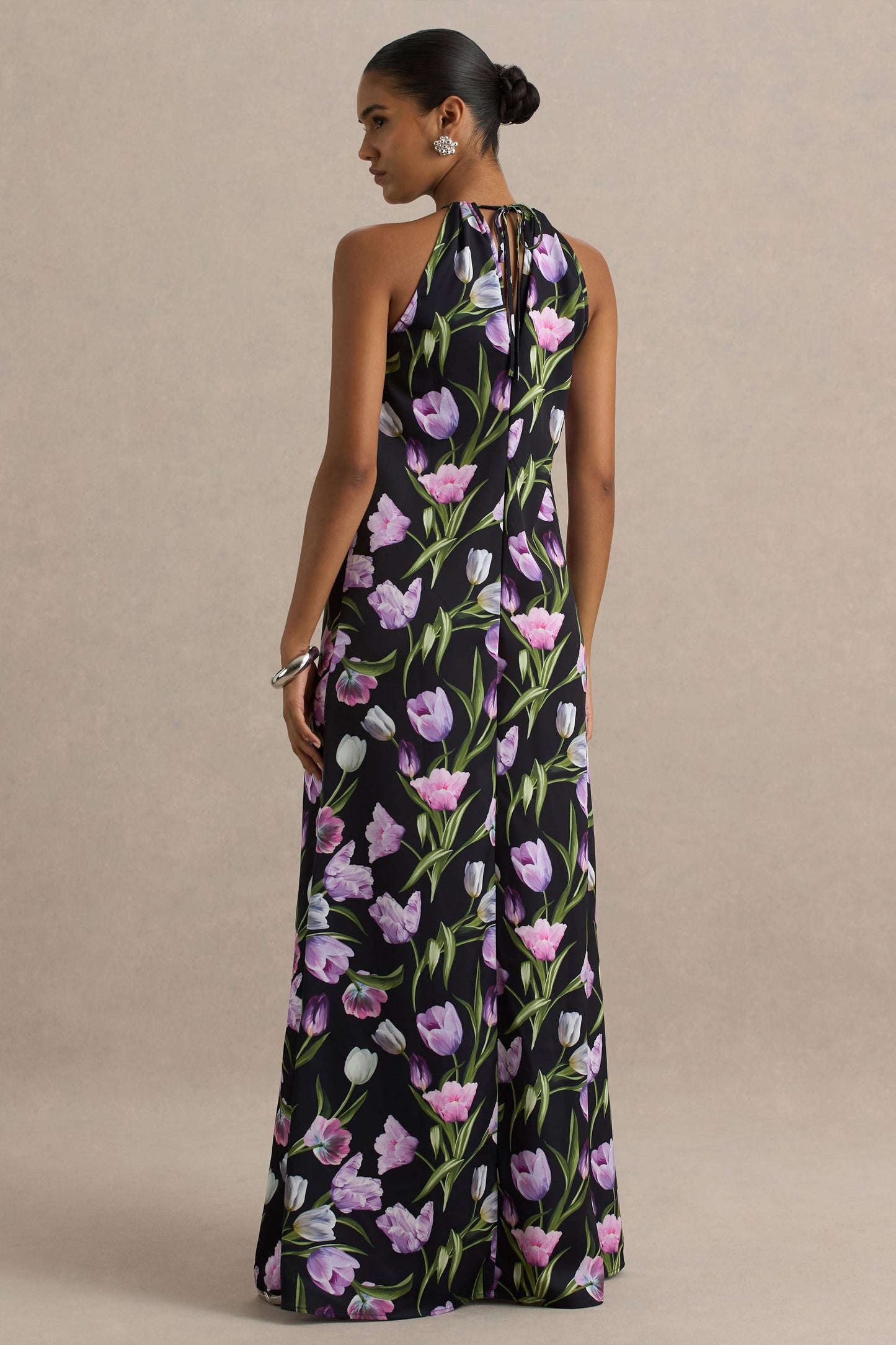 Black Floral Satin Asymmetric Halter Maxi Dress